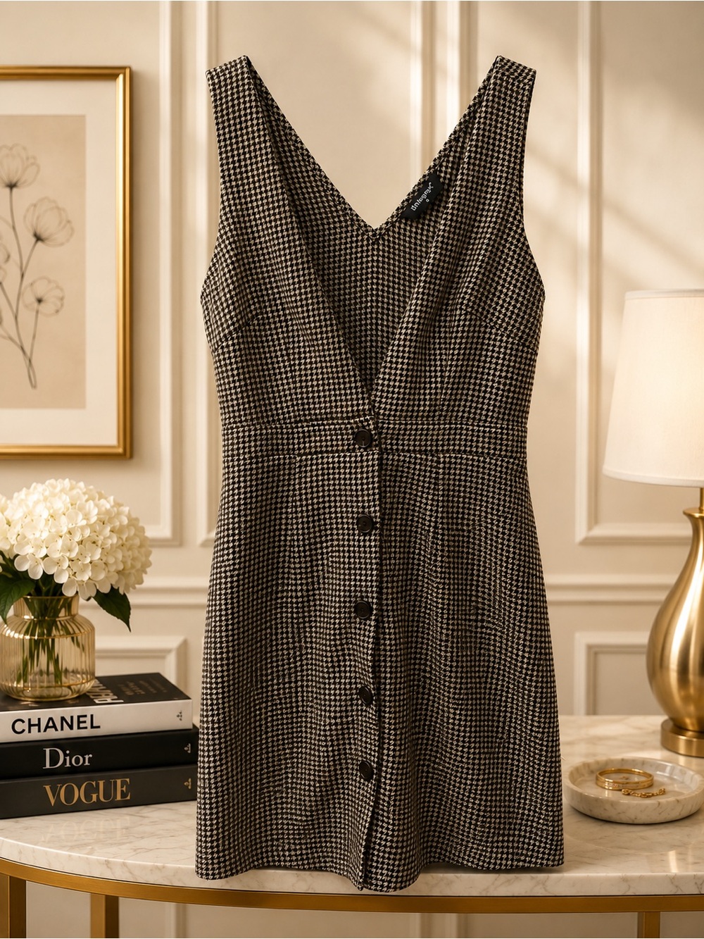 Houndstooth V-Neck Button-Front Dress